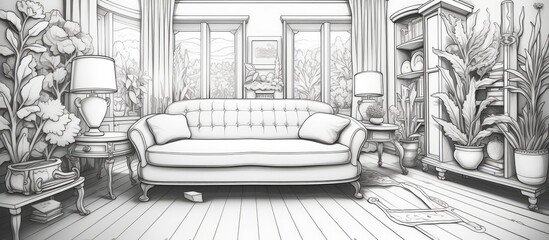 Fototapeta premium A detailed black and white drawing of a living room with furniture such as a sofa, coffee table, lamps, and a bookshelf. Decorative elements like curtains, carpets,