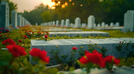 the rows of white headstones in a military cemetery
