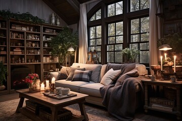 Fototapeta premium Vintage Furniture Bliss: Rustic Farmhouse Living Room Ideas with Warm Lighting