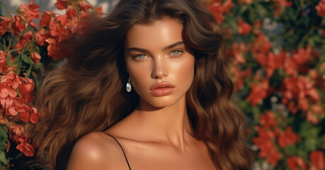 close up of beautiful tanned brunette woman with classical symmetric face old money aesthetic for hair beauty magazine commercial editorial natural beauty cinematic film style