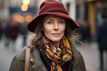 Portrait of mature woman in hat and scarf walking in city street