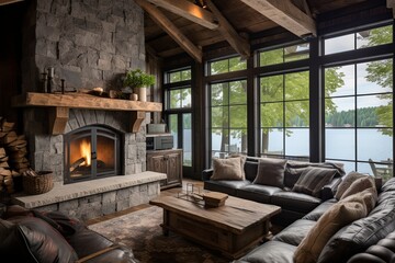 Rustic Lakeside Cabin Living Room: Wooden Beams & Charm
