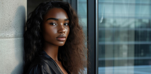 beautiful dark skin poc african american woman in magazine stir editorial shot for fashion beauty hair salon advertisement copy space bright travel airport window office security control background