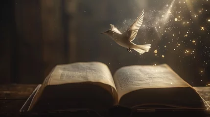 Foto auf Leinwand Open magic book with flying bird wallpaper background © Irina