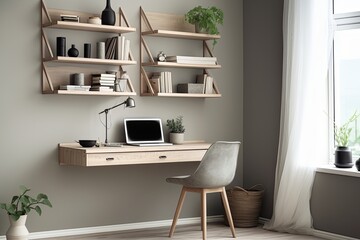 Fototapeta na wymiar Scandi-Minimalist Wall-Mounted Shelves: Inspiring Home Office Ideas