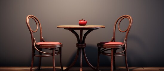 Two wooden chairs are placed opposite each other at a cafe table, which holds a single, red apple in the center. The setting seems inviting for a casual chat or a quick snack.