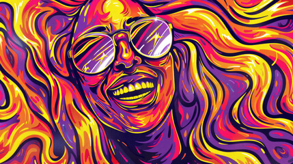 Vibrant abstract illustration of a smiling person with sunglasses featuring swirling patterns of bold psychedelic colors and shapes