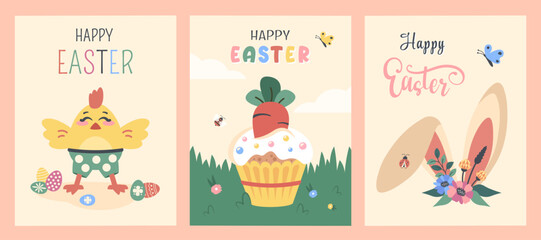 Fototapeta na wymiar Easter posters set. Easter cake with carrot in green fresh garden. Funny chick with wishes. Bunny ears with colorful flowers, painted eggs, cartoon lettering. Spring holiday. Vector flat illustration