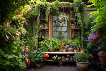 Fototapeta na wymiar Hanging Planters and Vertical Gardens: Secret Garden Patio Designs