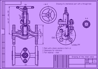 Vector drawing of a steel cast mechanical part with through holes
and dimension lines.
Engineering cad scheme. Technical template of valve. Cross section.