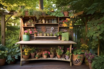 Fototapeta na wymiar Potting Bench Paradise: Secret Garden Patio Designs for Ultimate Gardening Stations