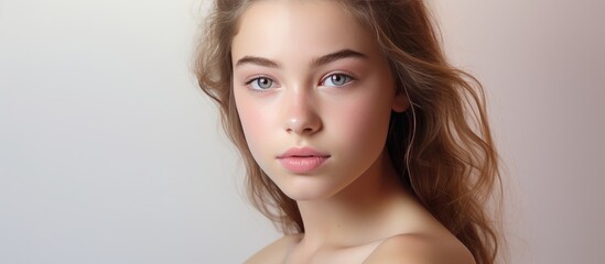 Naklejka premium A beautiful young woman with long hair is striking a pose for a photo on a white background. Her clean skin and pretty face enhance the elegance of the portrait.