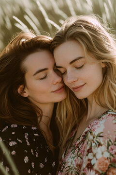 two women sapphic female wlw couple in sensual embrace in magical glowing fairy light setting ethereal surreal for magic/witchy equality/diversity lgbt in magazine cover editorial textured look
