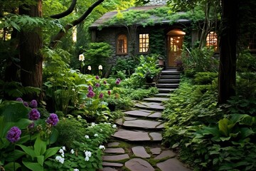 Stone Pathway Meandering through Secret Garden Patio Designs: A Lush Retreat