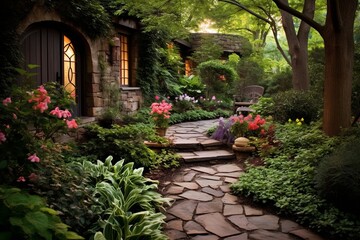 Fototapeta na wymiar Stone Pathways and Rustic Charm: Secret Garden Patio Designs