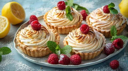 Tuinposter Delicious lemon and raspberry tartlets with meringue on a white vintage plate. © Vasiliy
