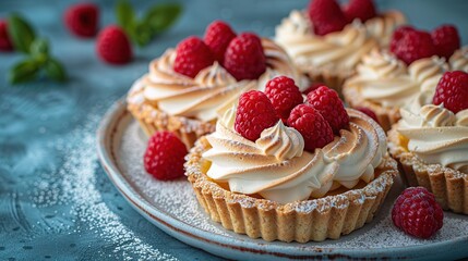 Delicious lemon and raspberry tartlets with meringue on a white vintage plate.