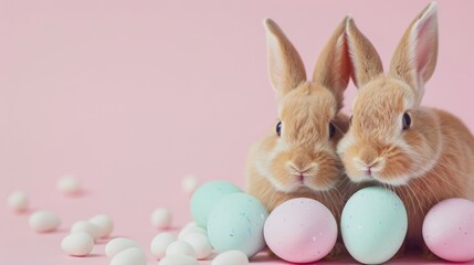 Easter holiday. Two Bunny with easter eggs on pastel soft background