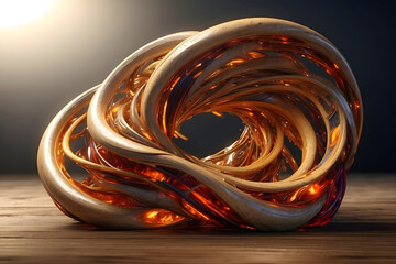 Dynamic swirling sculpture with glowing lights and dark background, depicting motion and energy