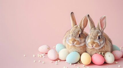 Naklejka na ściany i meble Easter holiday. Two Bunny with easter eggs on pastel soft background