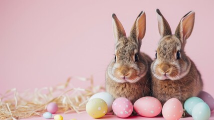Naklejka na ściany i meble Easter holiday. Two Bunny with easter eggs on pastel soft background