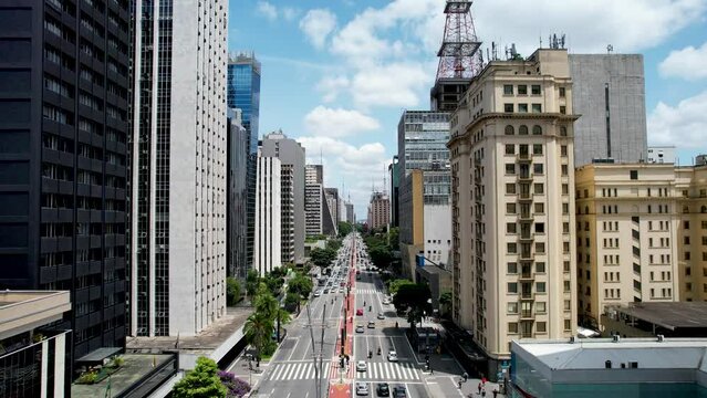 Paulista Avenue At Sao Paulo Brazil. Public Space Landmark View. Town Sky Background Backgrounds Urban. Town Outdoors Backgrounds Downtown Panning Wide. Town Urban City Landmark. Sao Paulo Brazil.