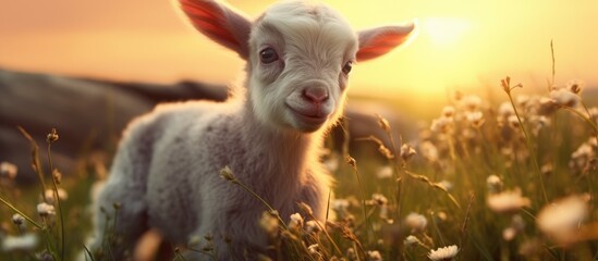 A young lamb with fluffy white wool stands amidst a colorful field of wildflowers under the warm summer sun. The lamb appears curious and content as it explores its natural surroundings.