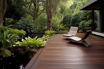 Fototapeta na wymiar Serene Koi Pond Garden: Wooden Deck Retreat