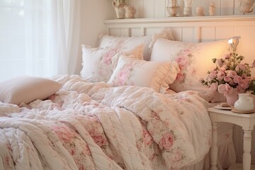 Fototapeta na wymiar Quilted Bedding Delights: Shabby Chic Bedroom Designs for Cozy, Comfortable Sleep
