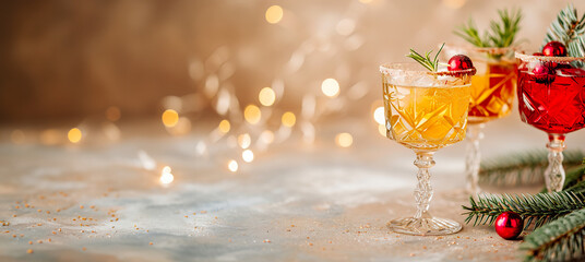 christmas cocktails with festive decor sugar crust mulled wine warm cider for thanksgiving with fairy lights and bokeh background in professional setting with white space