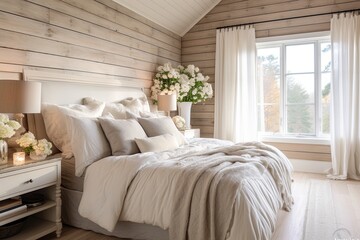 Shabby Chic Farmhouse Bedroom with Striking Shiplap Walls