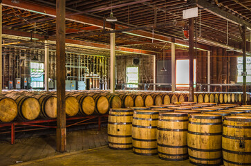 Whiskey barrels in the distillery ageing warehouse in Georgetown Kentucky