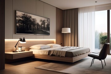Sleek Contemporary Bedroom: Wall-Mounted TV & Modern Convenience Design Inspo