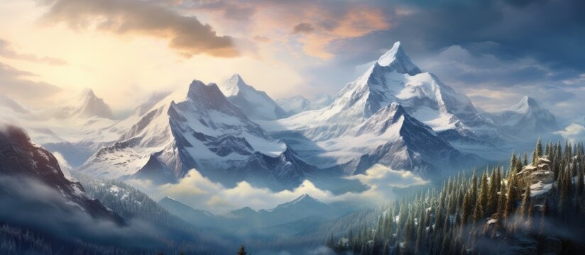 An art piece depicting a natural landscape with snowy mountain range, trees in the foreground, clouds in the sky, and cumulus formations in the horizon