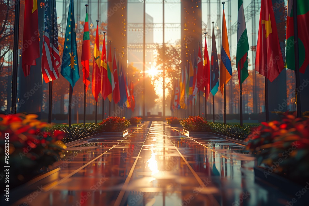 Poster an array of international flags displayed proudly, symbolizing the mosaic of cultures in a global co