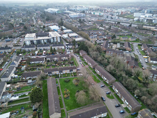 Aerial View of Central Hatfield City of England, Great Britain. March 9th, 2024