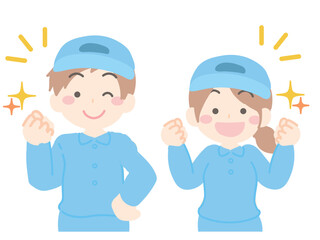 作業着を着た男子・女子のバストアップ　やる気2