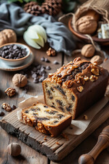 Obraz na płótnie Canvas close up of homemade delicious banana bread loaf walnut dried fruit chocolate chip bakery cafe breakfast food in cozy rustic minimalist studio magazine editorial look for recipe baking baker