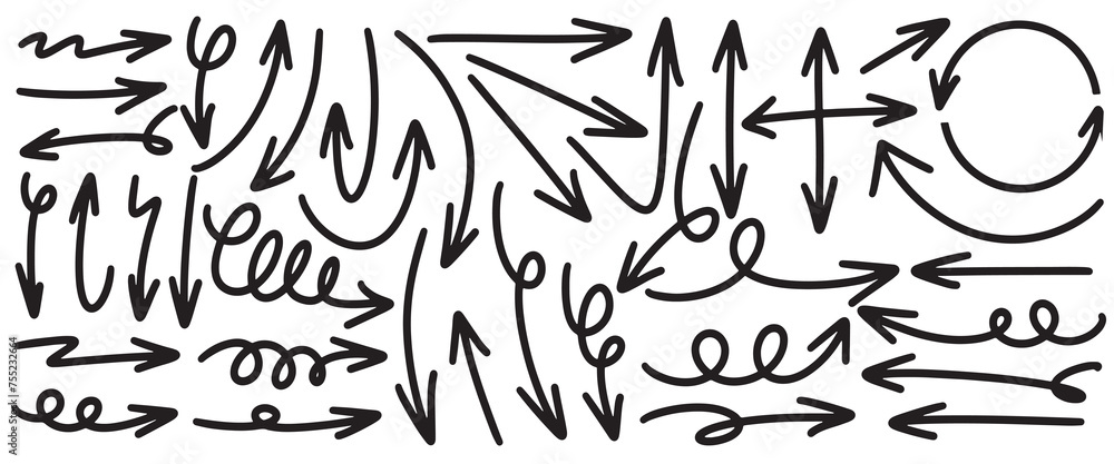Poster set of hand drawn vector arrows doodle on white background. design element vector illustration.
