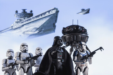 Obraz premium NEW YORK USA, MAR 10 2024: Star Wars Sith lord Darth Vader and stormtroopers - Hasbro action figure