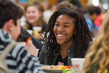 Smiling Teen Girl Enjoying Lunch at School Cafeteria