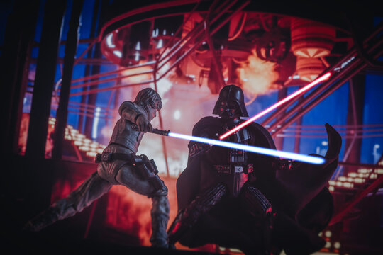 NEW YORK USA, MAR 10 2024: recreation of a scene from Star Wars The Empire Strikes Back with Jedi Luke Skywalker battling Sith lord Darth Vader in the carbonite freezing chamber on Bespin - Hasbro