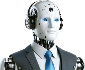 Robot customer service. Robot wearing headphones in office job transparent background.