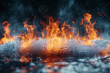 Flames dancing on the surface of frigid waters, showcasing the intricate choreography of fire and ice. Concept of elemental harmony. Generative Ai.