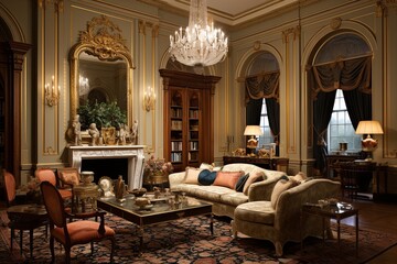 Fototapeta na wymiar Rich Texture and Elegance: Stately Federal Style Living Room Decor Ideas