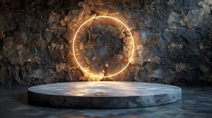 Elegant Illumination: Large Circular Empty Marble Stage with Circular Wall Light in Empty Photography Studio