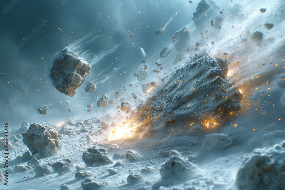 Poster a searing comet streaking through a field of frozen asteroids, encapsulating the clash of celestial 