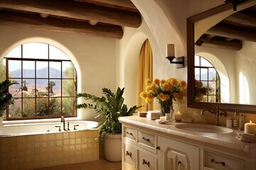 Exposed Beams and Brass: Sunny Mediterranean Bathroom with Tiled Countertop Efflorescence.