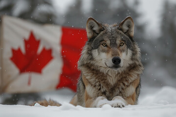 wolf laying in the snow with a canadian flag in the background