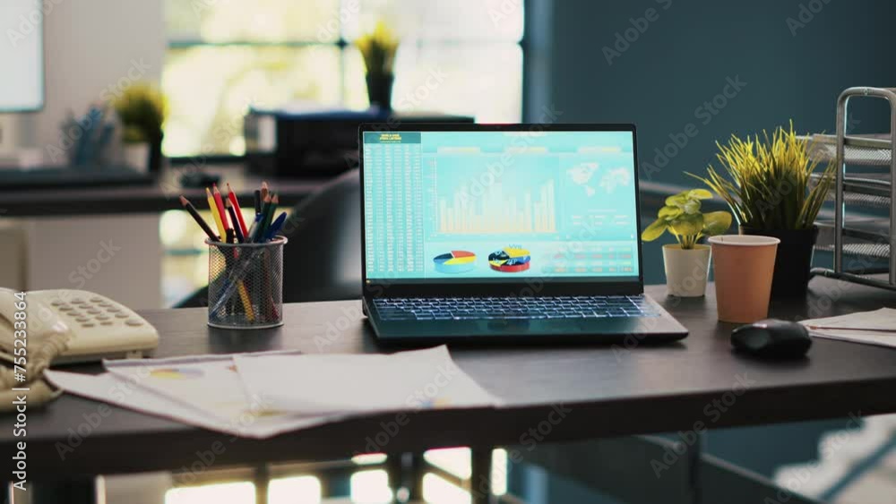 Poster stock exchange listings values going up and down on laptop display, close up panning shot. investing
